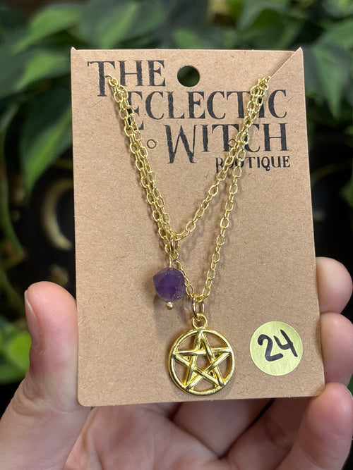 Amethyst Stacked Double-Chain Pentacle Necklace